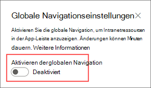 Screenshot des Orts, an dem die globale Navigationsoption im Einstellungsbereich aktiviert wird.