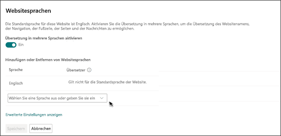 Abbildung der mehrsprachigen Einstellungen im Bereich „Erweiterte Einstellungen“.