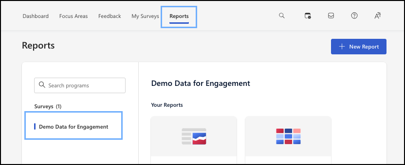 Screenshot der Registerkarte *Berichte* und Demodaten für engagement.