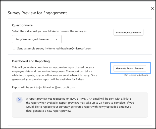 Screenshot des Dialogfelds *Survey Preview for Engagement*, in dem **Berichtsvorschau generieren** ausgewählt werden soll.