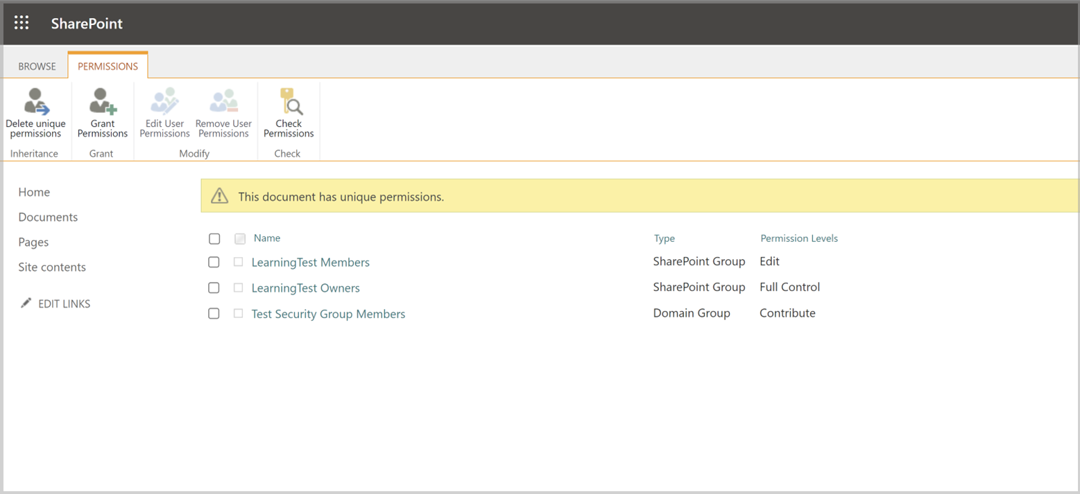 Abbildung der SharePoint-Berechtigungsseite, auf der 