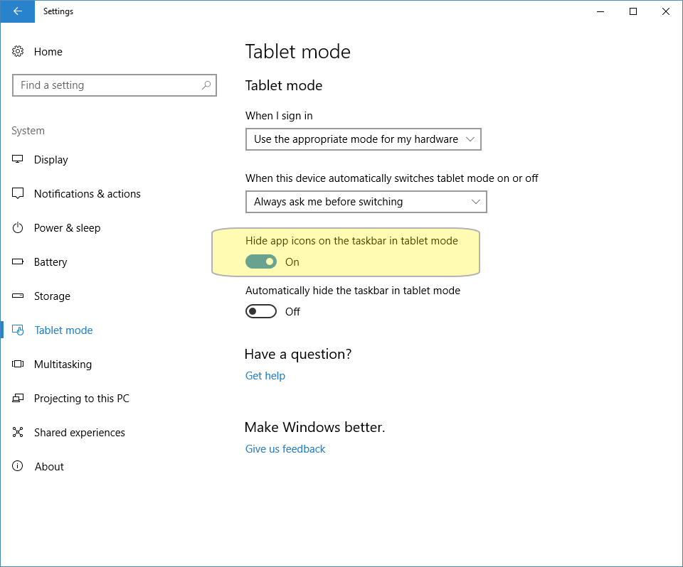 Systemeinstellungen im Tablet-Modus