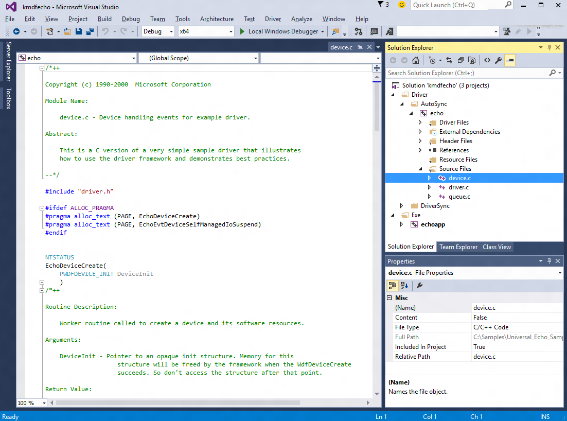 Screenshot von Visual Studio, der die aus dem kmdfecho-Projekt geladene Datei „device.c“ anzeigt.