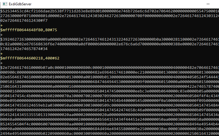 ExdiGdbServer-Textfenster mit langen hexadezimalen Zahlen.