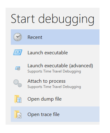 Screenshot der Optionen zum Öffnen von Dateien, wobei die Option „Open trace file“ (Ablaufverfolgungsdatei öffnen) hervorgehoben ist.