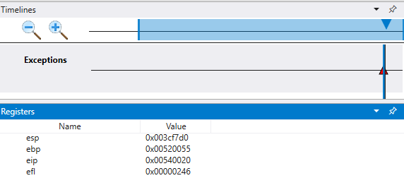 Zeitleiste im Debugger mit Anzeige der Demolab-Ausnahme und des Registerfensters.