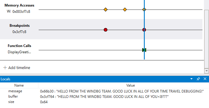 Zeitleiste im Debugger mit Speicherzugriffszeitleiste und lokalem Fenster mit Meldung und Puffer, die verschiedene Zeichenfolgewerte enthalten.