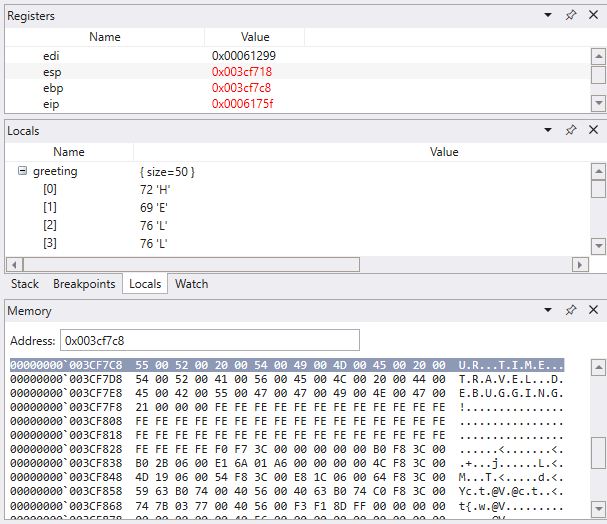 Debugger mit Anzeige von Registern, Stack und Speicherfenstern.