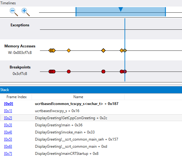 Zeitleiste im Debugger mit Anzeige der Speicherzugriffszeitleiste und der Stapelfenster.