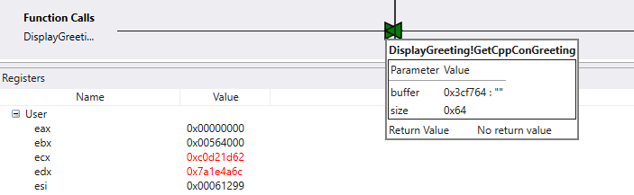 Zeitleiste im Debugger, die Funktionsaufrufe und das Registerfenster anzeigt.