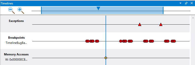 Die Zeitleiste im Debugger zeigt den oberen Bereich, der zur Auswahl des aktiven Ansichtsfensters verwendet wird.