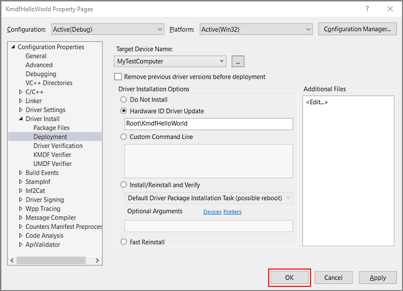 Screenshot: Fenster der kmdfhelloworld-Eigenschaftenseiten mit ausgewählter Installationsoption des Bereitstellungstreibers