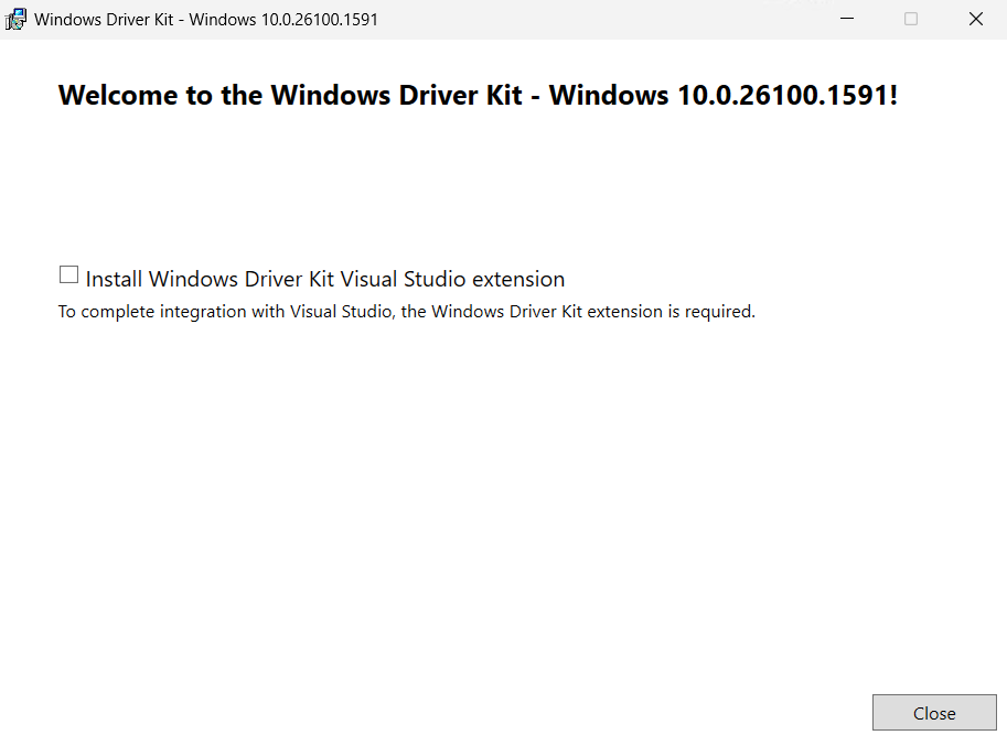 Kontrollkästchen für die Installation der Visual Studio-Erweiterung für Windows Driver Kit