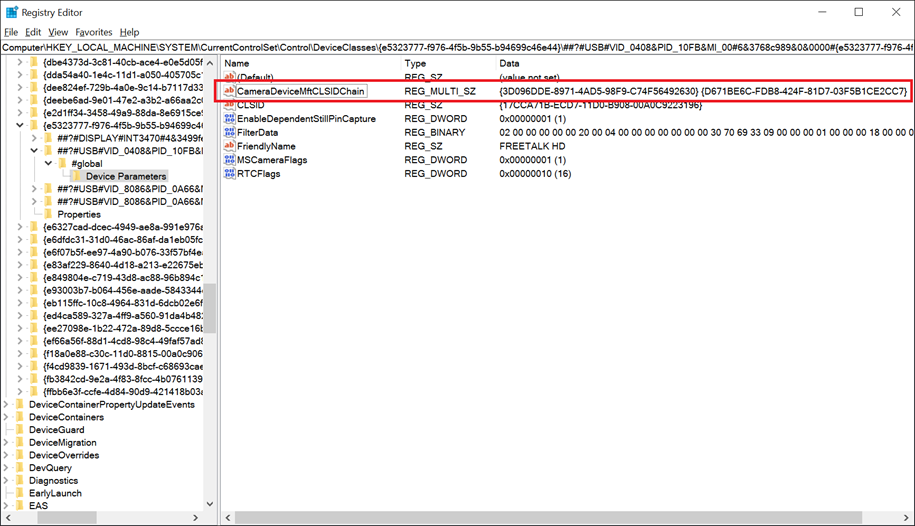 Registrierungseditor der DMFT-Kette.