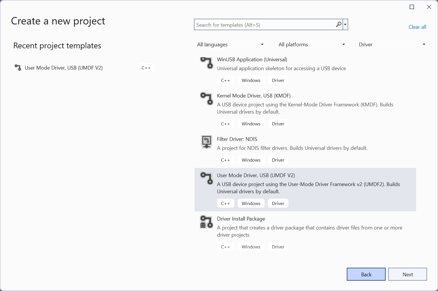 Screenshot der Visual Studio-Optionen zum Erstellen eines Projekts.