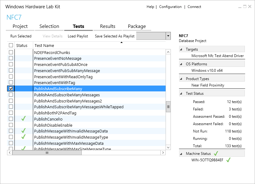 Screenshot: HLK Studio mit ausgewählter Registerkarte „“Tests“ und ausgewähltem Test „PublishAndSubscribeMany“ in der Liste der Testnamen