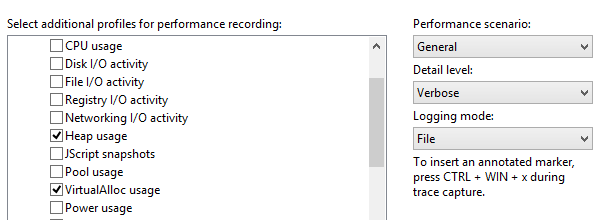 Screenshot des Optionsmenüs für die WPR-Ablaufverfolgung.