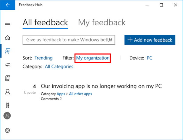 Filtern, um das Feedback Ihrer Organisation im Feedback-Hub anzuzeigen.