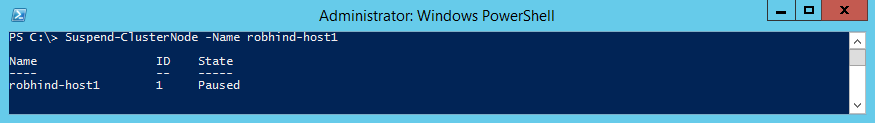 Screenshot, der die Ausgabe des cmdlets Suspend-ClusterNode zeigt