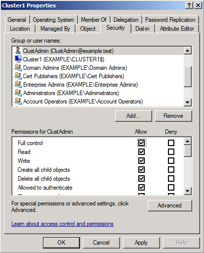 Screenshot: Registerkarte „Sicherheit“ im Dialogfeld „Cluster1-Eigenschaften“.