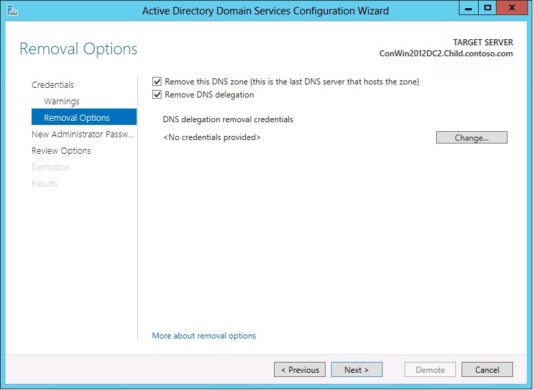 Screenshot der Seite „Entfernungsoptionen“ des Konfigurations-Assistenten für Active Directory Domain Services.