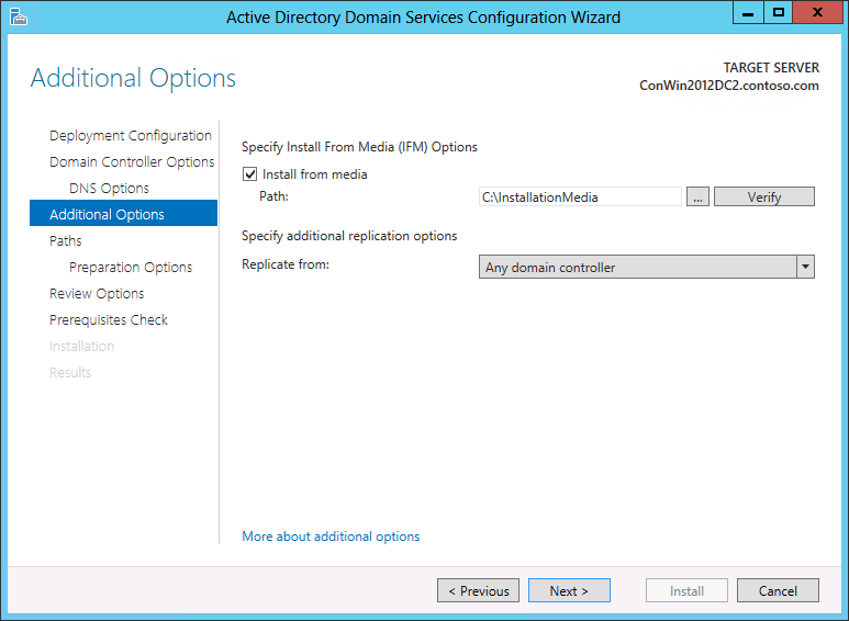 Screenshot der Seite „Weitere Optionen“ des Konfigurations-Assistenten für Active Directory Domain Services mit den Optionen, die beim Installieren eines zusätzlichen Domänencontrollers in einer vorhandenen Domäne angezeigt werden.