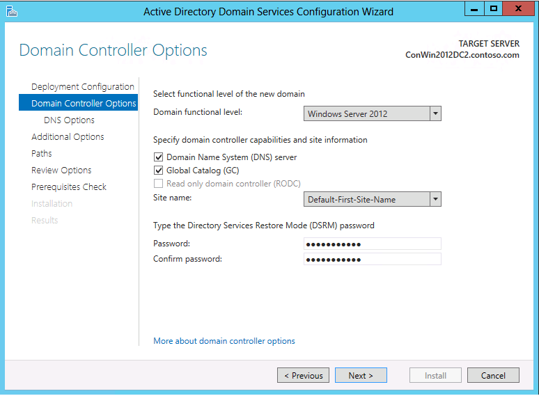 Screenshot der Seite „Domänencontrolleroptionen“ des Konfigurations-Assistenten für Active Directory Domain Services mit den Optionen, die beim Erstellen einer untergeordneten Domäne angezeigt werden.