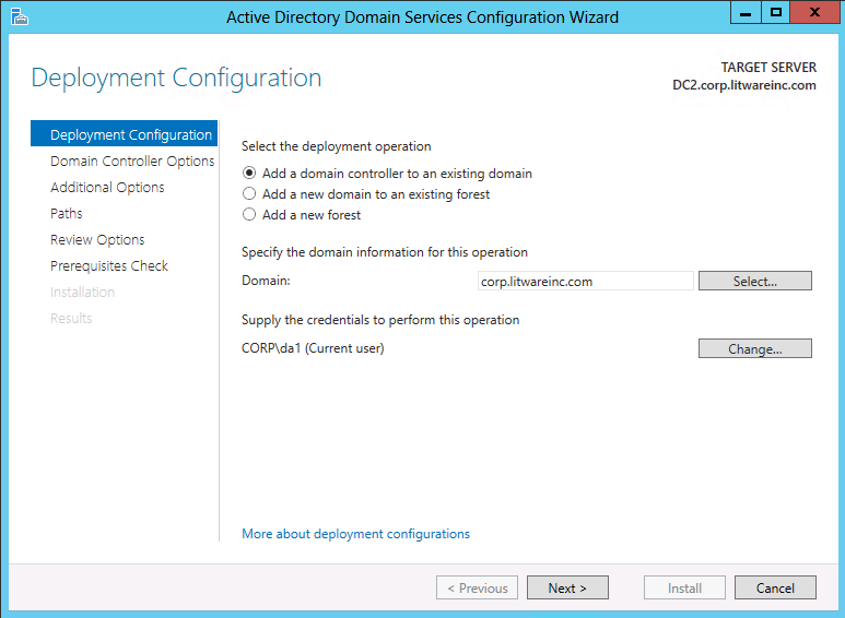 Screenshot der Seite „Bereitstellungskonfiguration“ des Konfigurations-Assistenten für Active Directory Domain Services mit den Optionen, die angezeigt werden, wenn Sie einen neuen Domänencontroller zu einer vorhandenen Domäne hinzufügen.