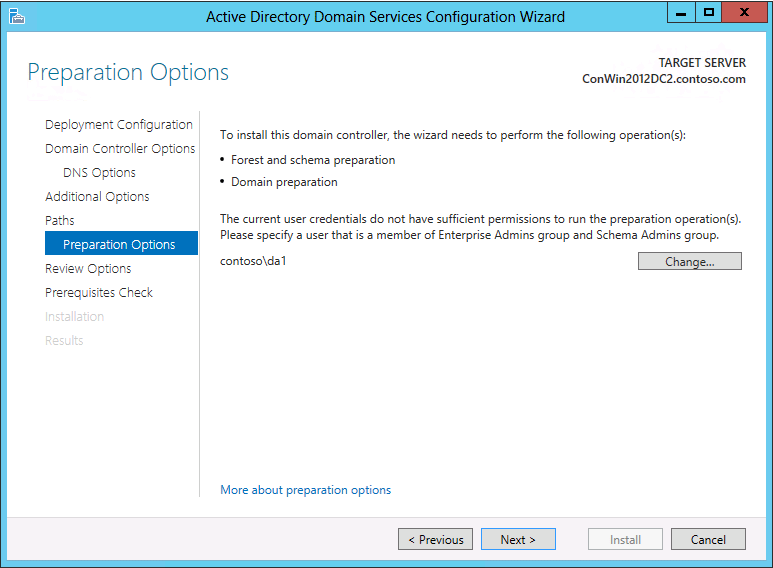 Screenshot der Seite „Vorbereitungsoptionen“ des Konfigurations-Assistenten für Active Directory Domain Services.