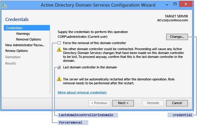 Konfigurations-Assistent für Active Directory Domain Services: Auswählen der Anmeldeinformationen