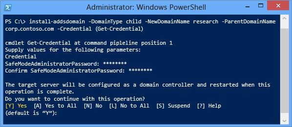 Screenshot eines Terminalfensters mit der Installationsphase mit den mindestens erforderlichen Argumenten „-domaintype“, „-newdomainname“, „-parentdomainname“ und „-credential“.