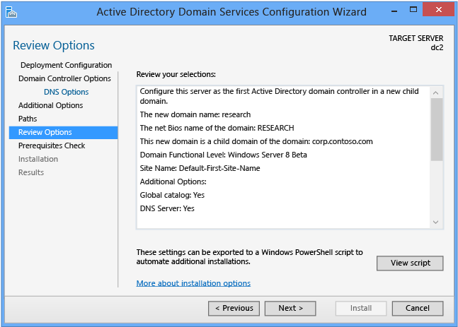 Screenshot der Seite „Optionen prüfen“ des Konfigurations-Assistenten für Active Directory Domain Services.