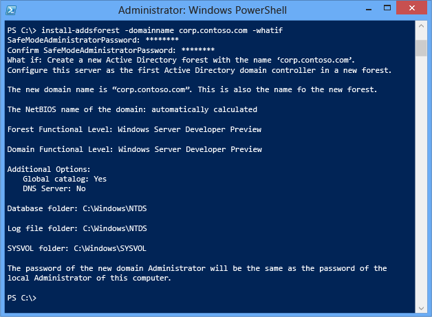 Screenshot eines Terminalfensters: Verwenden des optionalen Arguments „Whatif“ mit dem Cmdlet „Install-ADDSForest“ zum Überprüfen von Konfigurationsinformationen.