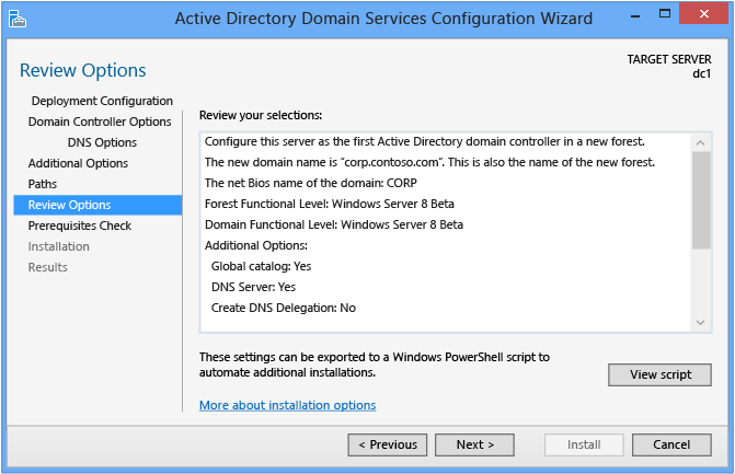 Screenshot der Seite „Optionen prüfen“ des Konfigurations-Assistenten für Active Directory Domain Services.