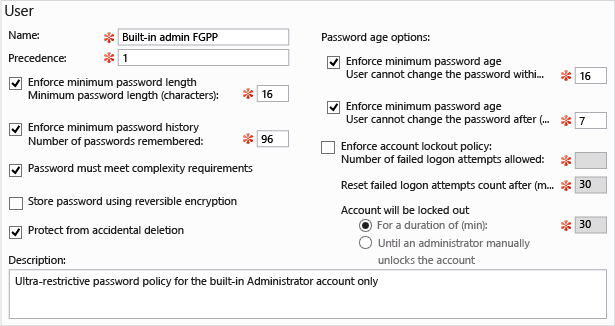 Screenshot des Editors für Kennworteinstellungen zum Erstellen oder Bearbeiten von differenzierten Kennwortrichtlinien.