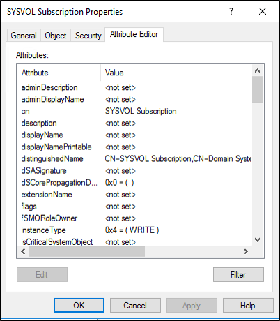 Screenshot: Registerkarte „Attribut-Editor“ im Dialogfeld „Eigenschaften“ von „SYSVOL-Abonnement“