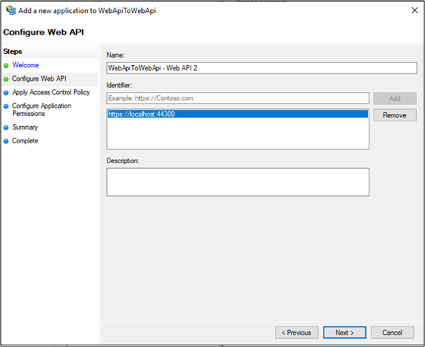 Screenshot: Seite „Web-A P I konfigurieren“ im Assistenten zum Hinzufügen einer neuen Anwendung zu „WebApiToWebApi“ mit Anzeige des korrekten Umleitungs-U R I