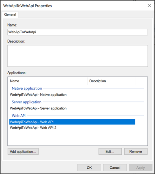 Screenshot: Eigenschaftendialogfeld für „WebApiToWebApi“ mit hervorgehobener Anwendung „WebApiToWebApi – Web-A P I“