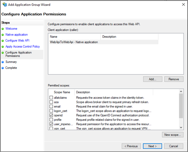 Screenshot: Seite „Anwendungsberechtigungen konfigurieren“ im Assistenten zum Hinzufügen von Anwendungsgruppen mit ausgewählter Option „openid“ 