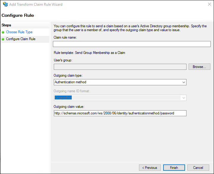 Screenshot that shows where to select Finish when you create a rule by using the Send Group Membership as Claims rule template in Windows Server 2016.