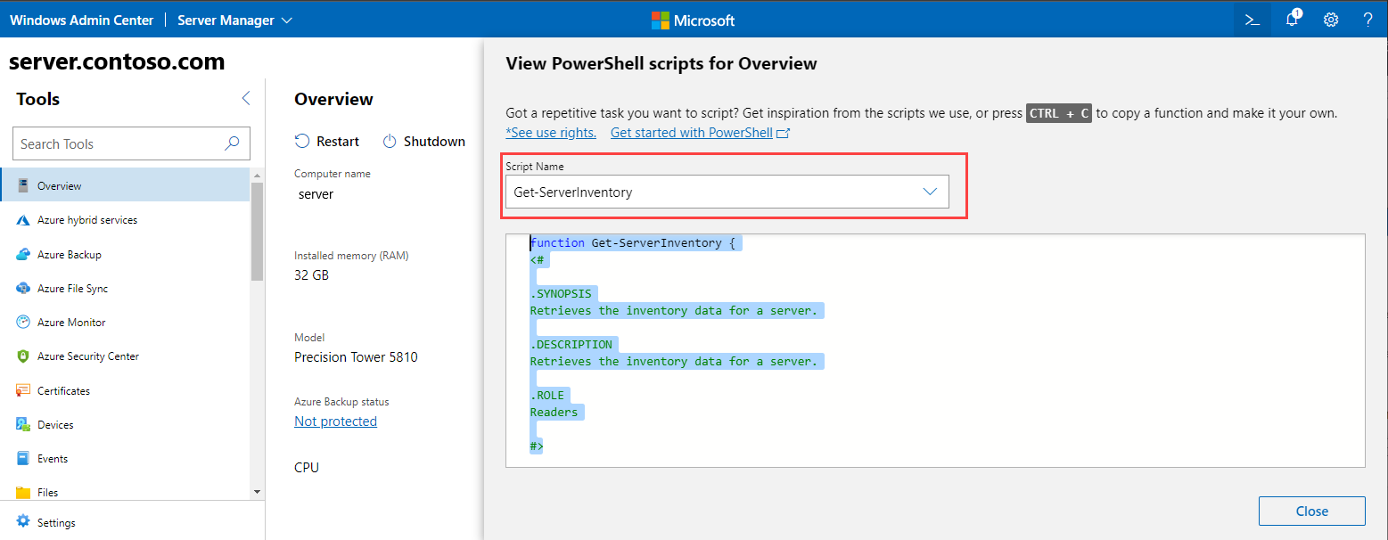 Screenshot der Seite „PowerShell-Skripts anzeigen“ für die Seite „Übersicht“.