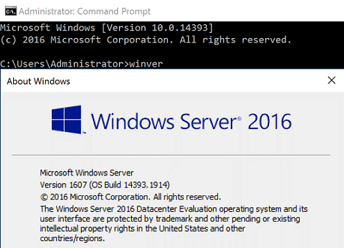 Screenshot: winver-Befehl, mit dem Windows Server 2016, Version 1607 und der Betriebssystembuild 14393 angezeigt werden