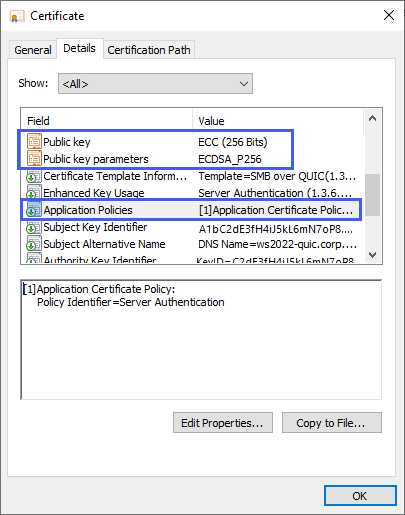 Screenshot der Zertifikateinstellungen auf der Registerkarte „Detail“ mit dem Wert „ECC (256 Bit)“ für den öffentlichen Schlüssel, den Parametern für öffentliche Schlüssel „ECDSA-P256“ und Anwendungsrichtlinien 1 Anwendung Zertifikatrichtlinie. 