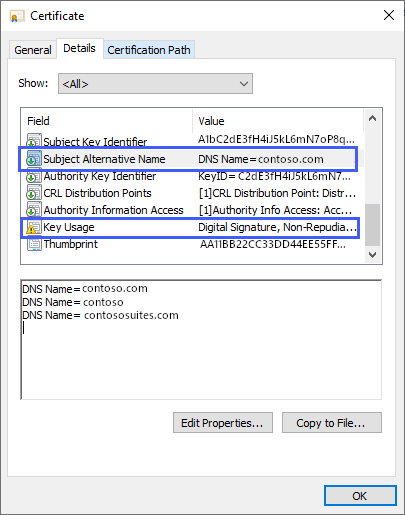 Screenshot der Zertifikatsdetails: Es wird als Wert für den alternativen Namen des Antragstellers „DNS-Name = contoso.com“ und als für die Schlüsselverwendung „Digitale Signatur, Nicht zurückgewiesen“ angezeigt.