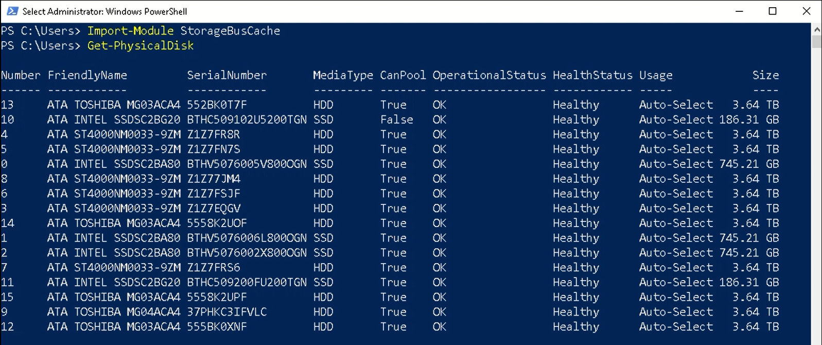 Screenshot: Ergebnis von „Get-PhysicalDisk“ vor Aktivierung des Speicherbuscache.