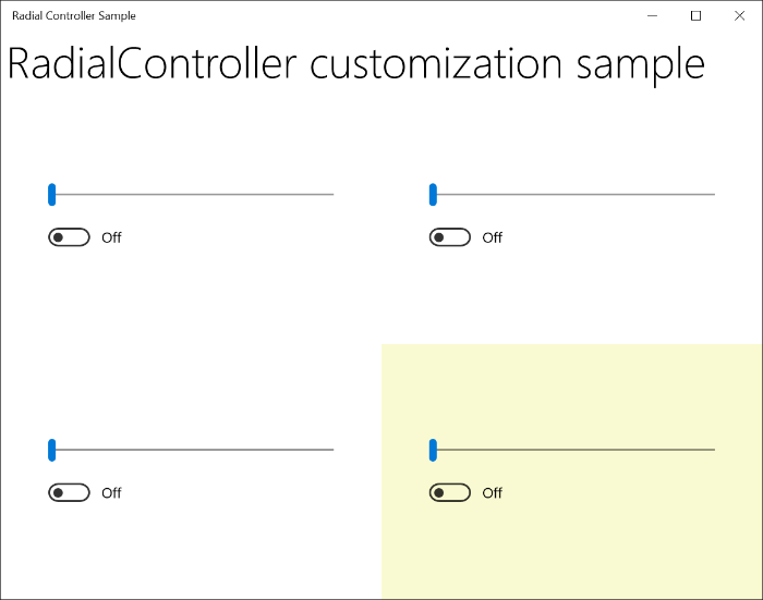 Screenshot des Radialcontrollerbeispiels mit vier horizontalen Schiebereglern links und hervorgehobener vierter Controller.