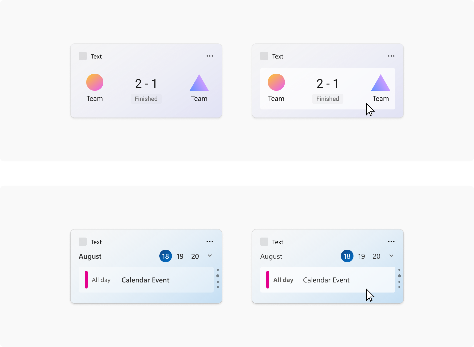 Vier Bilder von Widgets, die Container veranschaulichen. Die Widgets in den Bildern weisen Elemente auf, die in Zeilen und Spalten unterteilt sind, um eine hierarchische Rasterstruktur bereitzustellen.