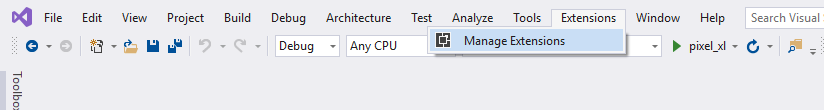 Visual Studio-Menüleistenelement zum Verwalten von Erweiterungen