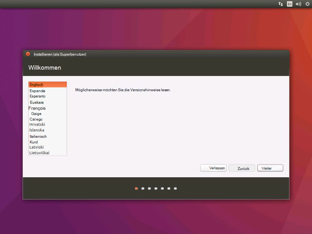 Screenshot der Sprachauswahlseite der Ubuntu-Installation.