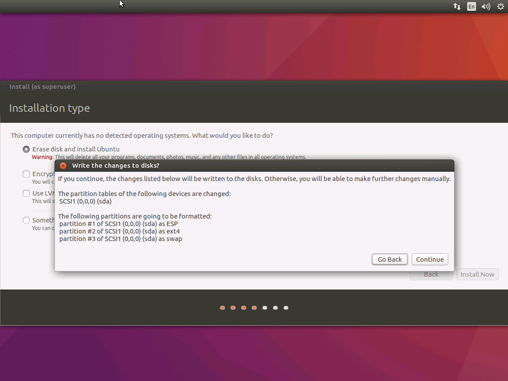 Screenshot der Ubuntu-Installation: Warnung 